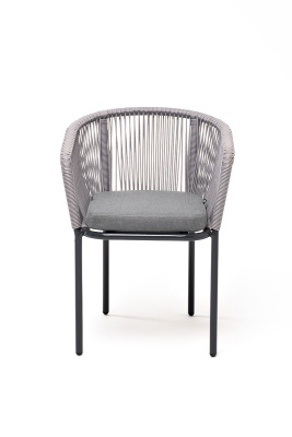 "Марсель" стул плетеный из роупа, каркас алюминий темно-серый (RAL7024) муар, роуп светло-серый круглый, ткань светло-серая