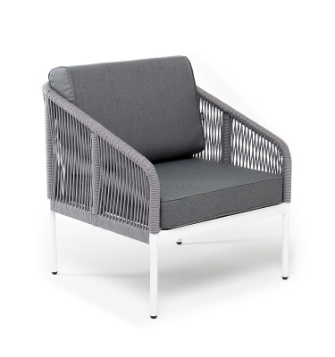 "Канны" кресло плетеное из роупа, каркас алюминий белый муар, роуп светло-серый круглый, ткань серая 017